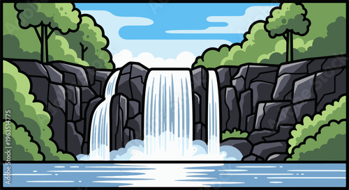Lush green trees frame a majestic waterfall cascading into a calm blue body of water
