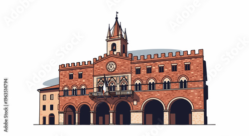 Medieval brick building with arched portico, clock tower, and battlements