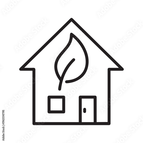 A Minimalist Black and White Icon Depicting a Simple House Silhouette with a Large Leaf Symbolizing Sustainable Living and Eco-Friendly Architecture.