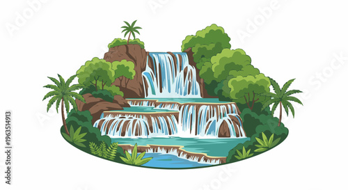Lush tropical waterfall cascading over rocky ledges surrounded by lush green trees and palm trees