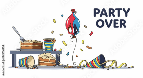 Messy aftermath of a party with scattered cake, confetti, and deflated balloon