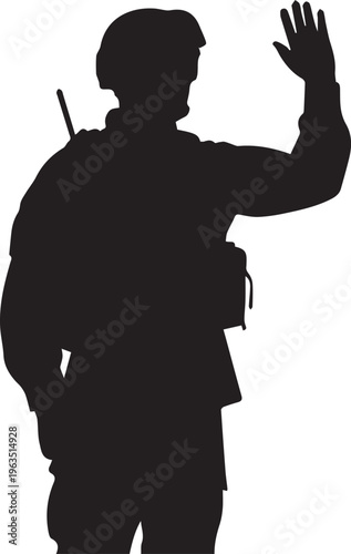 Soldier waving goodbye, farewell, military, communication, vector silhouette art