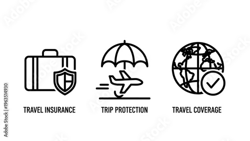 Set of line icons for travel insurance, trip protection, and global coverage, representing vacation planning and safety
