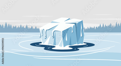 Melts on frozen lake with pine trees in background