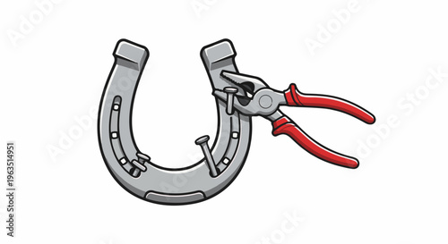 Metal horseshoe with red-handled pliers holding a nail