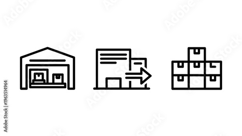 Icons depicting warehouse, shipping, and boxes with an arrow, illustrating logistics, storage, and delivery services