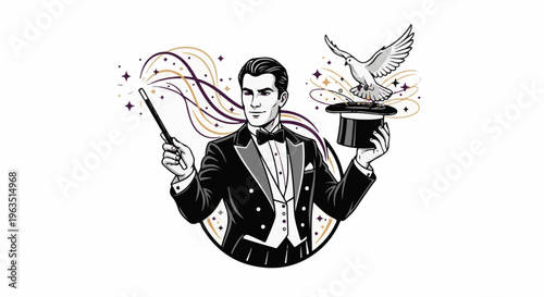 Magician in tuxedo performs trick with wand, dove, and hat