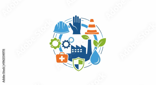 Industrial safety and environmental protection symbols arranged in a circle