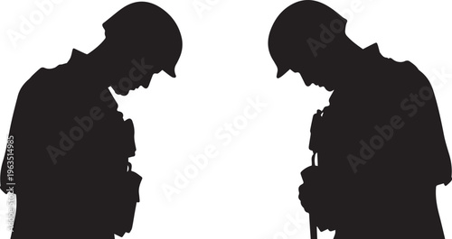 Two soldiers bowing heads in silence silhouette illustration vector