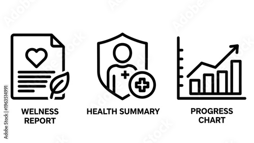 Icons for wellness report, health summary, and progress chart, indicating medical data, healthcare tracking, and performance