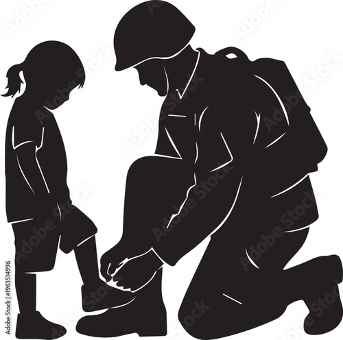 Soldier tying childs shoe, poignant moment, father, daughter, love, vector silhouette