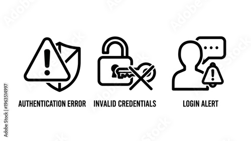 Security icons: authentication error, invalid login credentials, and login alert symbol in simple outline graphic style for cybersecurity and access concepts