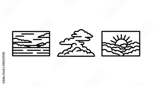 Simple line art icons depicting natural scenes: seascape with clouds, a stylized cloud formation, and a sunrise over waves, representing nature and weather, seascape icon