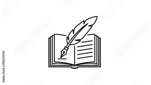 Open book and quill pen illustration, writing literature concept, creative storytelling and education
