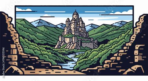 Majestic mountain fortress overlooking a winding river valley