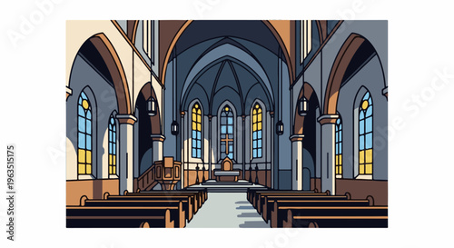 Interior of a large, empty church with stained glass windows and pews