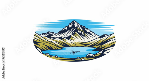 Majestic mountain peak overlooks a serene lake with a lone creature swimming