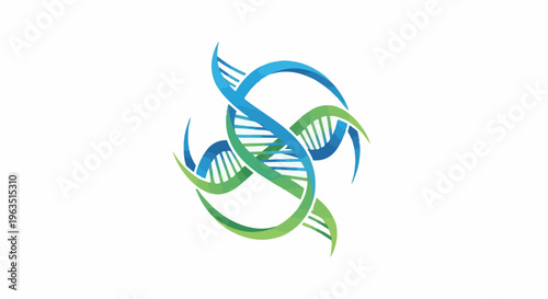 Intertwined DNA helix strands in blue and green gradients
