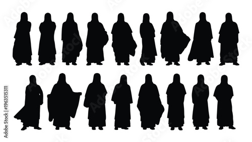 Collection of 16 black silhouettes of people in long robes
