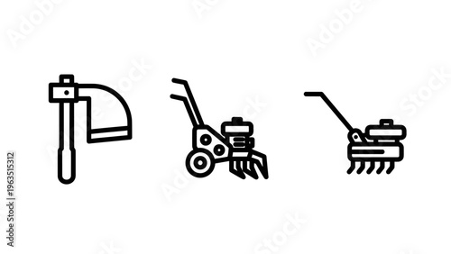 Gardening tools icons: hoe, cultivator, tiller - agriculture and farming equipment, outdoor activity