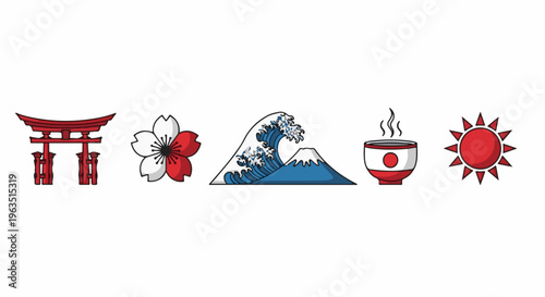Iconic Japanese symbols torii gate, cherry blossom, Mount Fuji, teacup, and sun