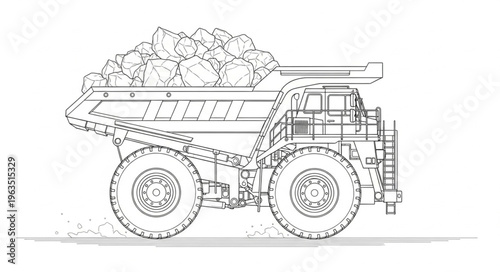 Detailed Line Art of a Heavy-Duty Dump Truck.