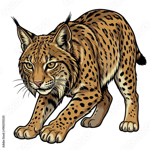 Iberian lynx illustration in stalking pose