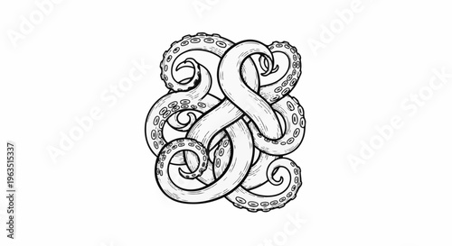 Intricate black and white drawing of intertwined octopus tentacles