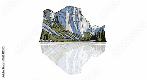Majestic rock face reflected in calm water with evergreen trees