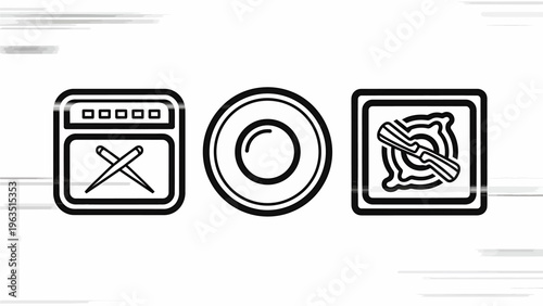 Line art icons for culinary icons: stove, pot, frying pan with bacon. simple symbols representing cooking, food preparation, and kitchen appliances, cooking utensil