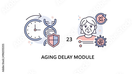 Aging process icons: DNA, clock, shield, elderly person, virus, represented by line art on white background. concept for anti-aging, life extension, health science