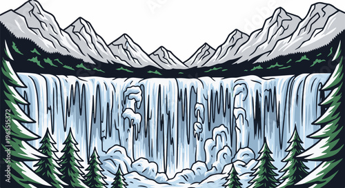 Majestic snow-capped mountains overlook a frozen waterfall with pine trees