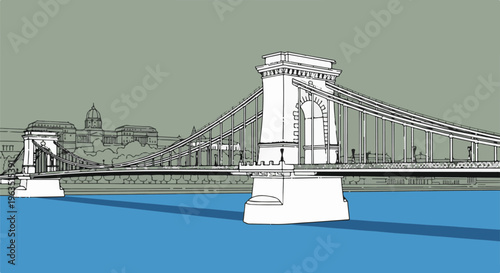 Iconic suspension bridge spans a blue river with a city skyline backdrop