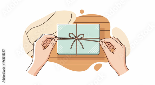 Hands tying a bow on a light blue gift box with brown string
