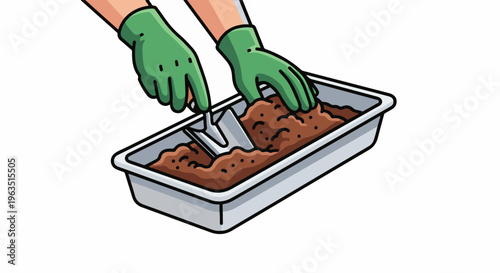 Hands wearing gloves use a trowel to fill a tray with soil