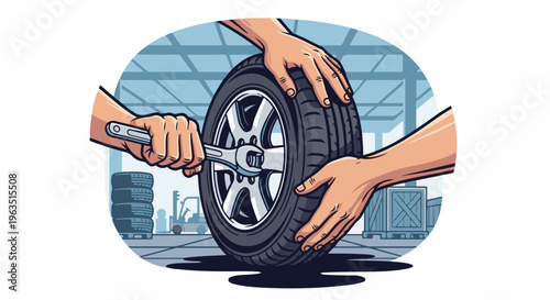 Hands working on a car wheel in a workshop, with tires and forklift in background