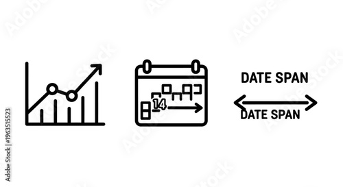 Financial growth, calendar, and date span icons - business planning and time management graphics