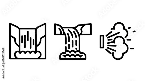 Environmental resource icons: waterfall, industrial water flow, and steam vapor for nature, industry, and energy concepts. water and pollution symbols