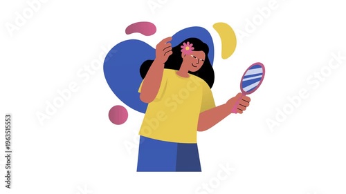 Happy young woman holding mirror and flower in flat animation illustration