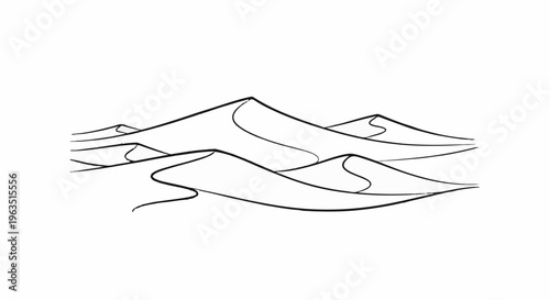 Minimalist line art depicts rolling sand dunes under an empty sky