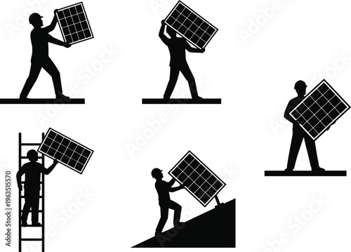 Black silhouette illustration of workers handling solar panels, lifting carrying installing adjusting, renewable energy labor artwork, sustainable power installation design