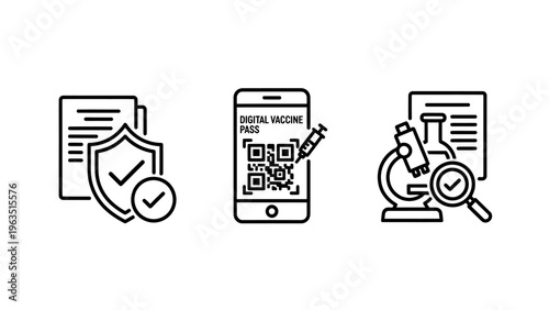 Digital health pass icons: secure documents, vaccination certificate on phone with qr code, and scientific research for medical data and verification