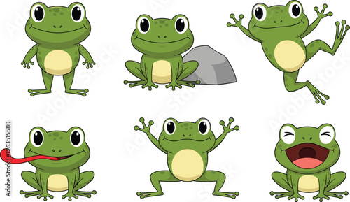 Cute Frog Cartoon Character Set with Different Expressions Jumping Sitting and Funny Tongue Pose Vector Illustration for Kids Design and Animal Mascot Use