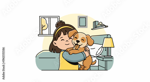 Happy child cuddles puppy on couch, lamp and window visible