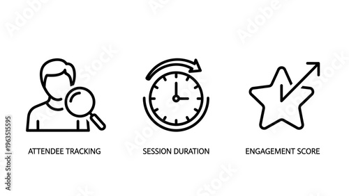 User analytics icons: person with magnifying glass for attribute tracking, clock for session duration, and star with arrow for engagement score. data analysis concept
