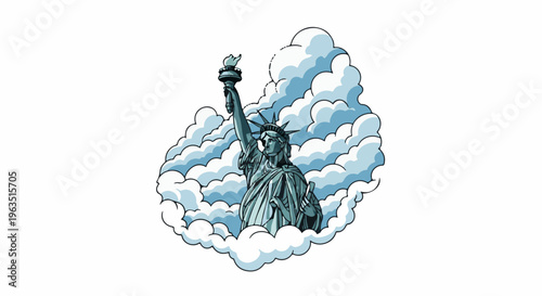 Iconic statue emerges from soft, swirling clouds against a white backdrop