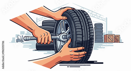 Hands tightening a tire on a rim with a wrench in a workshop