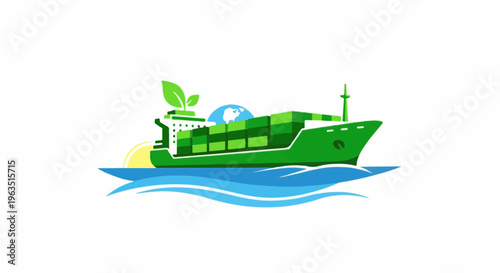 Green cargo ship with globe and leaves sails on wavy blue water