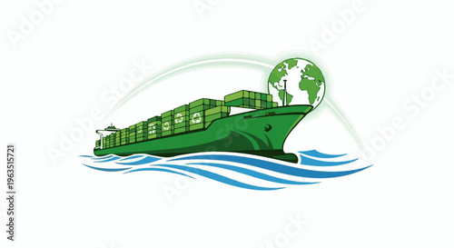 Green cargo ship sailing on blue waves with a recycling symbol on containers