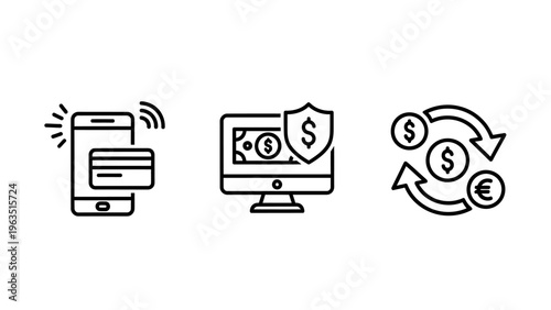 Digital payment, secure online transactions, and currency exchange icons for modern finance, banking, and e-commerce solutions